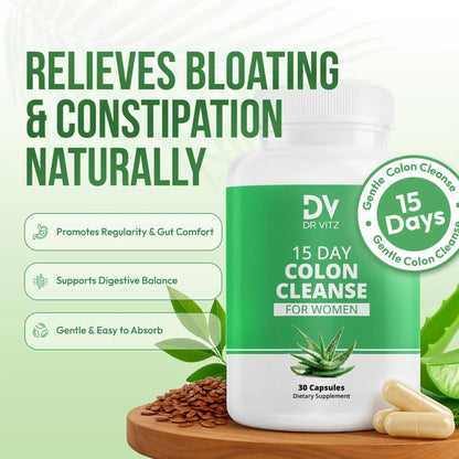 Dr Vitz 15 Day Colon Cleanse for Women – Natural Detox Pills with Herbs, Fiber & Probiotics – Bloating & Constipation Relief, Weight Loss & Gut Health Reset – 30 Capsules - Maple Wellness Supplements