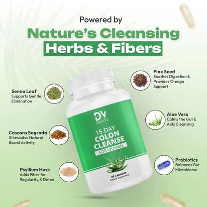 Dr Vitz 15 Day Colon Cleanse for Women – Natural Detox Pills with Herbs, Fiber & Probiotics – Bloating & Constipation Relief, Weight Loss & Gut Health Reset – 30 Capsules - Maple Wellness Supplements