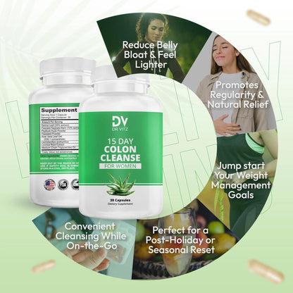 Dr Vitz 15 Day Colon Cleanse for Women – Natural Detox Pills with Herbs, Fiber & Probiotics – Bloating & Constipation Relief, Weight Loss & Gut Health Reset – 30 Capsules - Maple Wellness Supplements