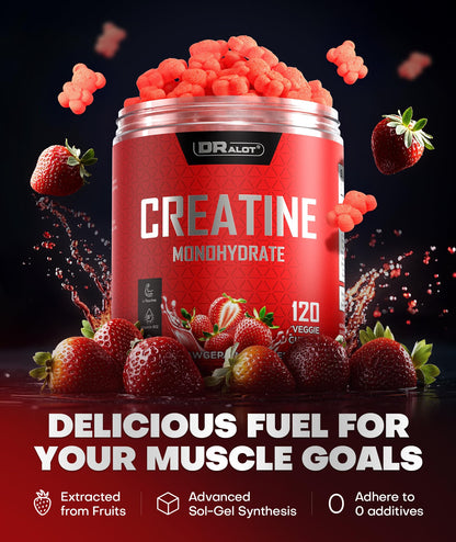 Dralot 99.99% Creatine Monohydrate Gummies More 15% Strength, 5X Energy & Muscle Support Pre-Workout Complex Creatine for Women & Men with 5000mg Creatine, L-Taurine, B12, Mg & K, 0 Sugar, Vegan - Maple Wellness Supplements