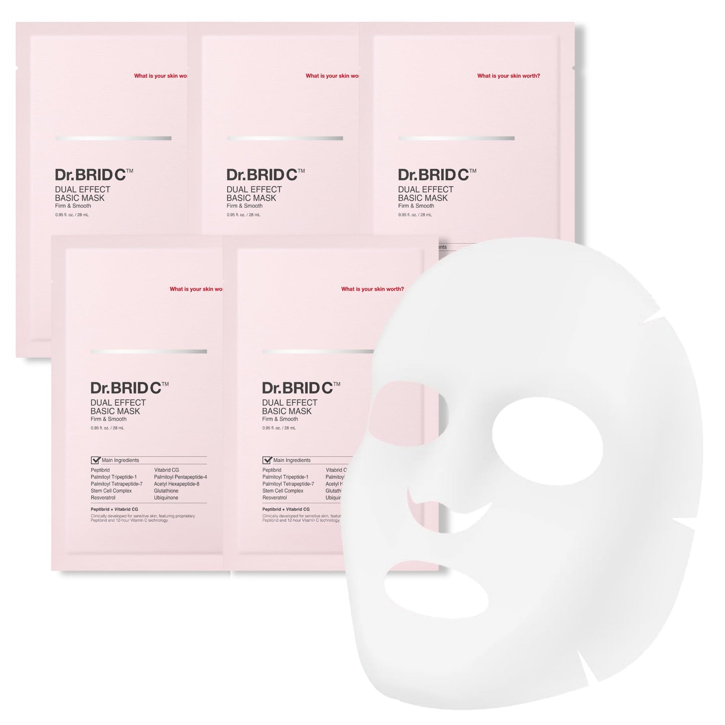 Dr.BRID C Dual Effect Face Mask - Firming & Hydrating Peptide Sheet Mask with Plant Stem Cells, 15-Minute Deep Moisture & Elasticity Boost for Dehydrated Skin, 5 Sheets X 0.95 fl.oz. - Maple Wellness Supplements