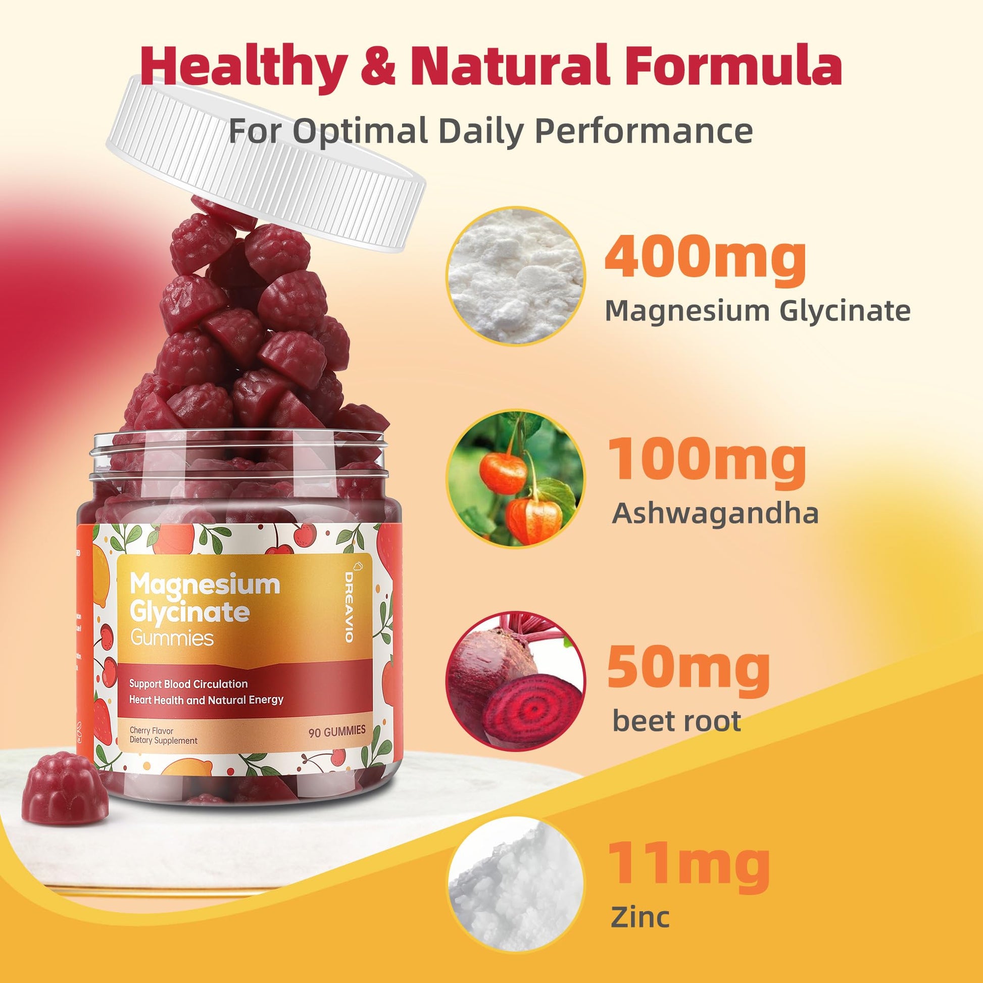 DREAVIO 90 Count Magnesium Glycinate Gummies 400mg w/Ashwagandha Supplement - Sugar Free Zinc Magnesium Glycinate Supplement Ashwagandha Gummies for Adults - Maple Wellness Supplements