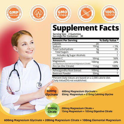 DREAVIO 90 Count Magnesium Glycinate Gummies w/Ashwagandha Supplement - Sugar Free Zinc Magnesium Glycinate - Maple Wellness Supplements
