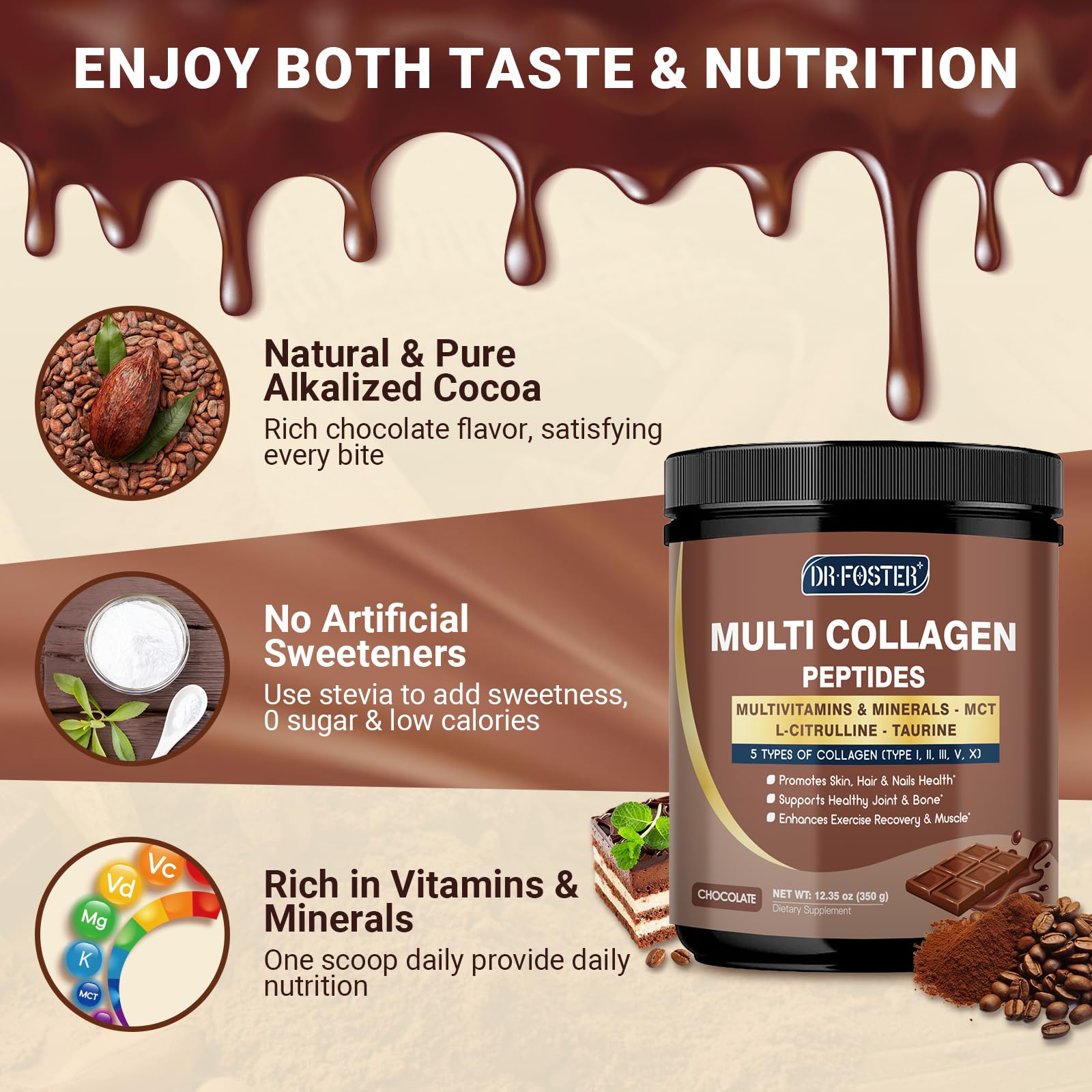 DRFOSTER Chocolate Collagen Peptides Powder for Women & Men, Multi Type I II III V X Collagen with multivitamins & Minerals for Skin, Hair & Nails & Joints, Non-GMO, 35 Servings - Maple Wellness Supplements