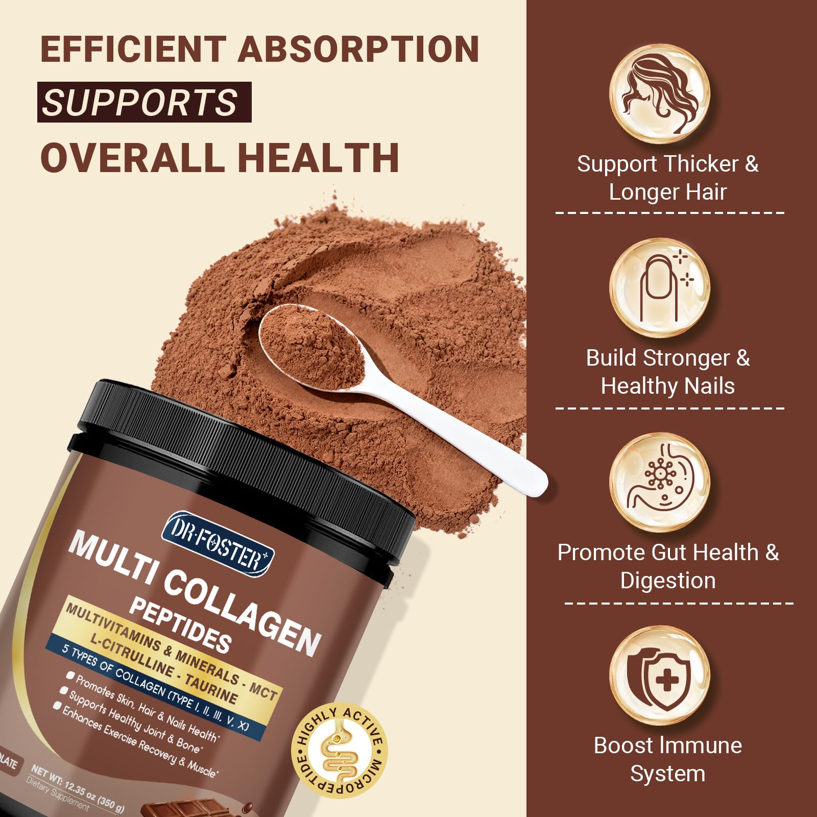 DRFOSTER Chocolate Collagen Peptides Powder for Women & Men, Multi Type I II III V X Collagen with multivitamins & Minerals for Skin, Hair & Nails & Joints, Non-GMO, 35 Servings - Maple Wellness Supplements