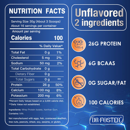 DRFOSTER Whey Protein Powder Isolate - Unflavored, Grass-Fed, 26g Protein & 6g BCAAs for Muscle Growth & Recovery - Maple Wellness Supplements