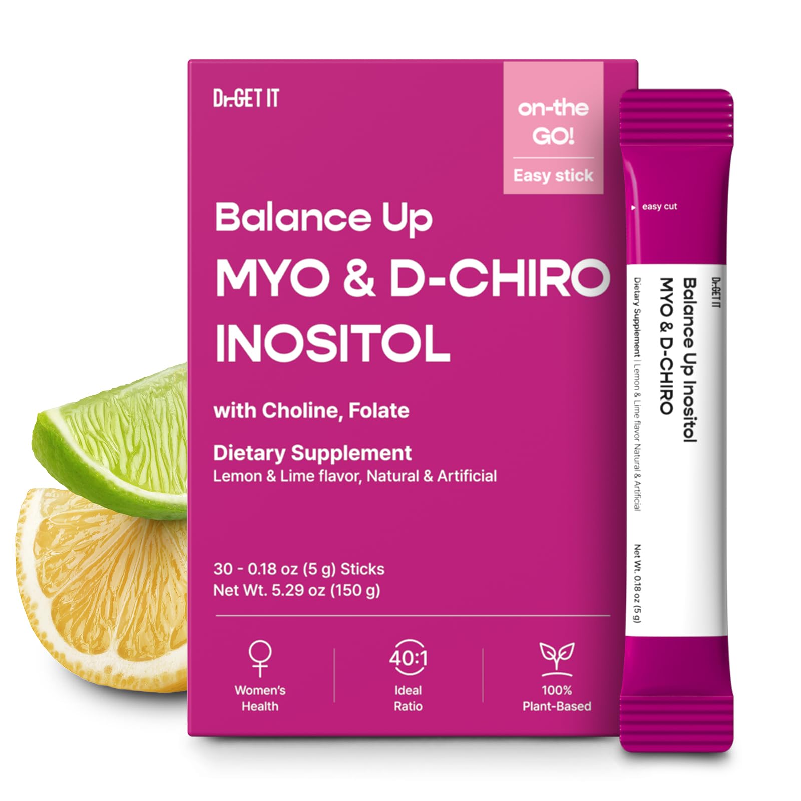 Dr.GET IT Balance Up Inositol 40:1 Myo & D-Chiro with Folate & Choline – Hormone Balance & Reproductive Health Support for Women – Lemon Lime Stick Powder, 30 Servings - Maple Wellness Supplements