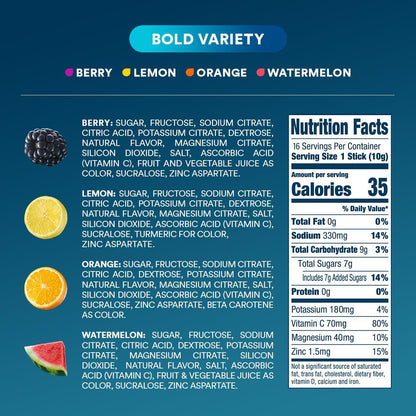 DripDrop Hydration Packets - Bold Variety Pack - Single Serve Electrolytes Powder Drink Mix - Watermelon, Berry, Lemon, Orange - Maple Wellness Supplements