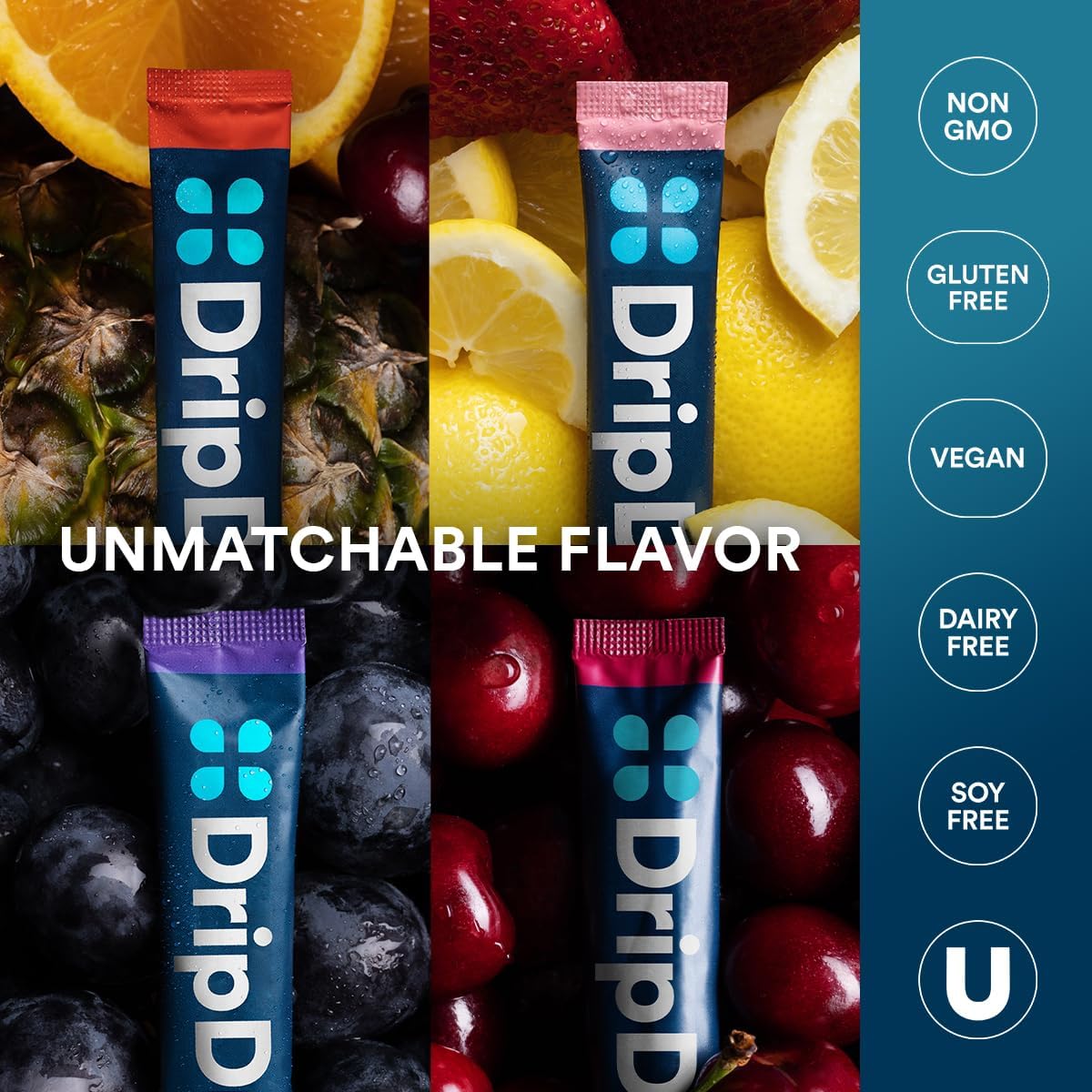 DripDrop Hydration Packets - Juicy Variety Pack - Single Serve Electrolytes Powder Drink Mix - Grape, Fruit Punch, Strawberry Lemonade, Cherry - Maple Wellness Supplements