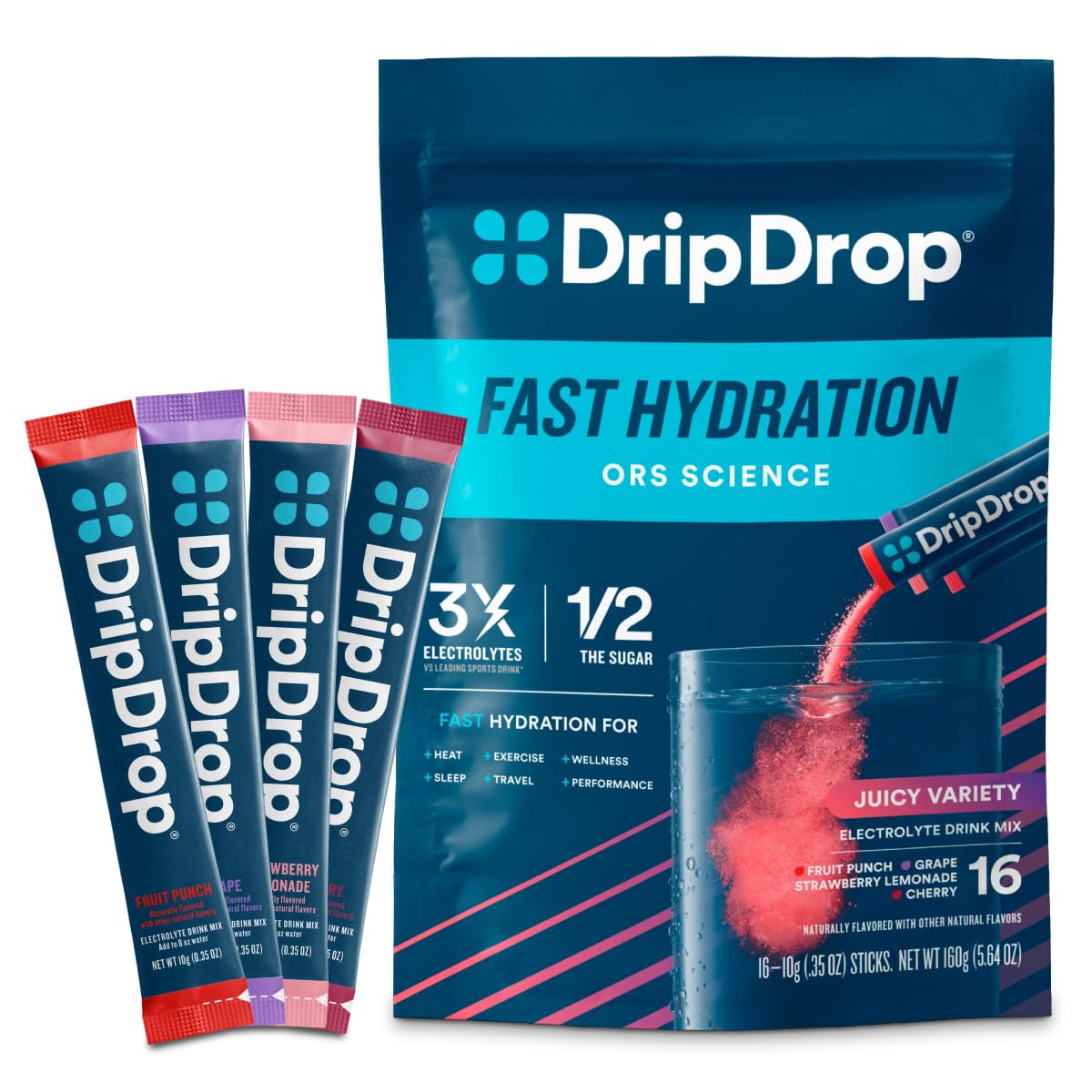 DripDrop Hydration Packets - Juicy Variety Pack - Single Serve Electrolytes Powder Drink Mix - Grape, Fruit Punch, Strawberry Lemonade, Cherry - Maple Wellness Supplements