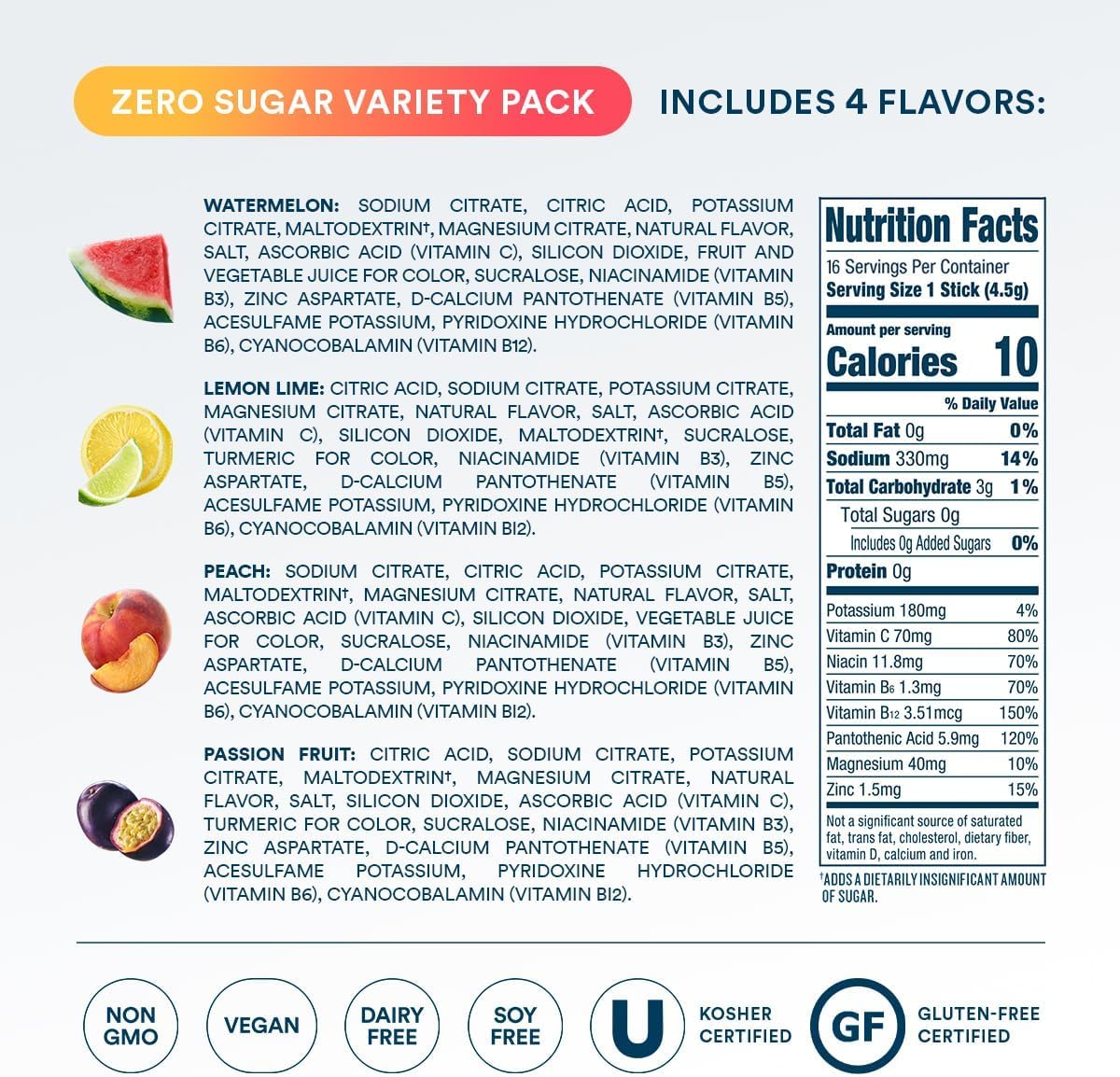 DripDrop Sugar Free Hydration Packets - Zero Classic Variety Pack - Single Serve Electrolytes Powder Drink Mix - Lemon Lime, Watermelon, Peach, Passion Fruit - Maple Wellness Supplements