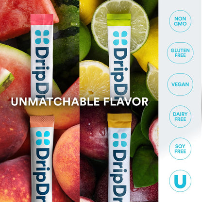 DripDrop Sugar Free Hydration Packets - Zero Classic Variety Pack - Single Serve Electrolytes Powder Drink Mix - Lemon Lime, Watermelon, Peach, Passion Fruit - Maple Wellness Supplements