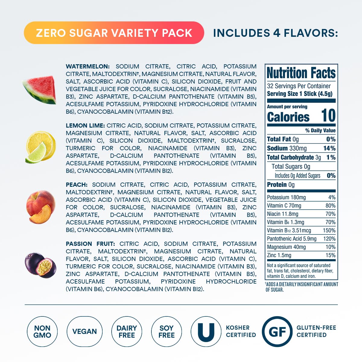 DripDrop Sugar Free Hydration Packets - Zero Classic Variety Pack - Single Serve Electrolytes Powder Drink Mix - Lemon Lime, Watermelon, Peach, Passion Fruit - Maple Wellness Supplements