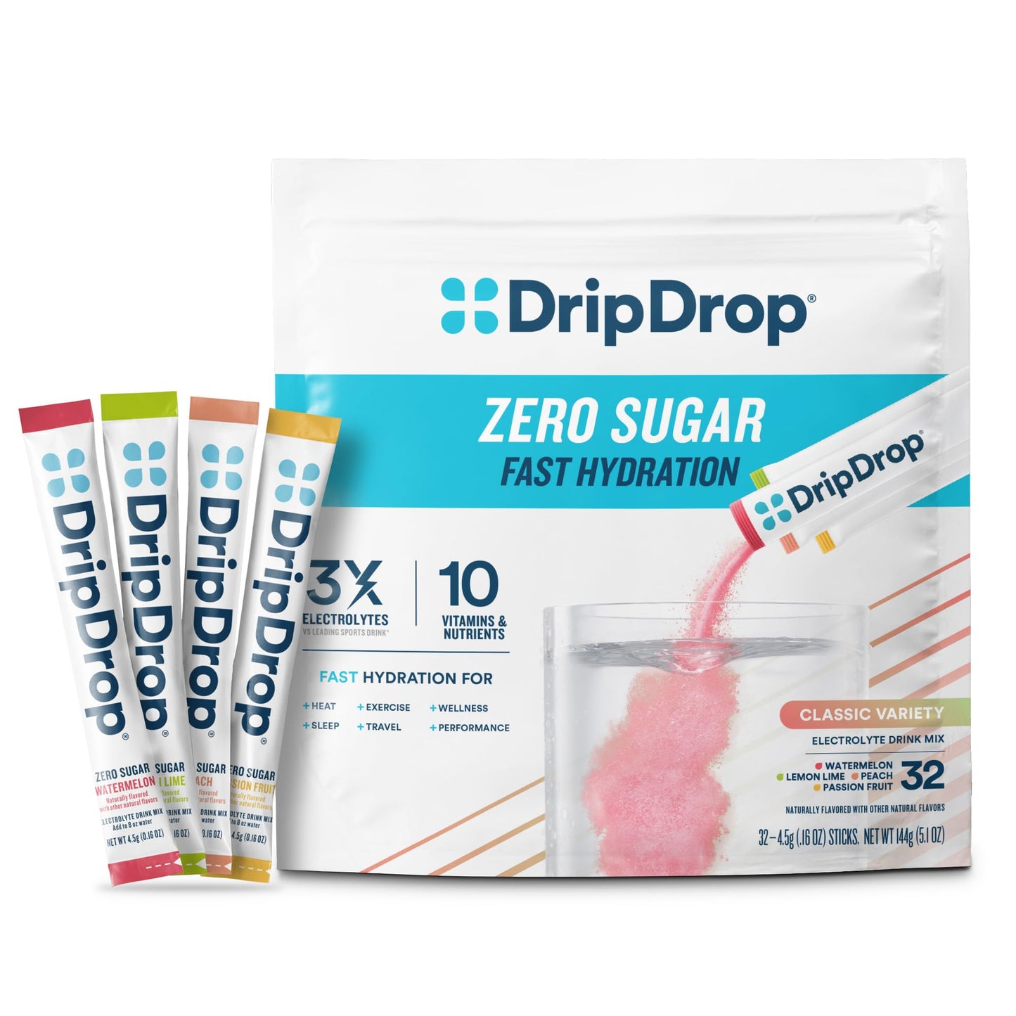 DripDrop Sugar Free Hydration Packets - Zero Classic Variety Pack - Single Serve Electrolytes Powder Drink Mix - Lemon Lime, Watermelon, Peach, Passion Fruit - Maple Wellness Supplements