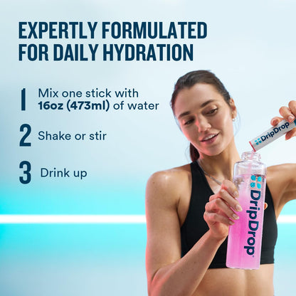 DripDrop Zero Sugar Plus - Sugar Free Hydration Packets - Single Serve Electrolytes Powder Drink Mix - Strawberry Kiwi, Peach, Cherry Limeade, Wild Berry - Maple Wellness Supplements