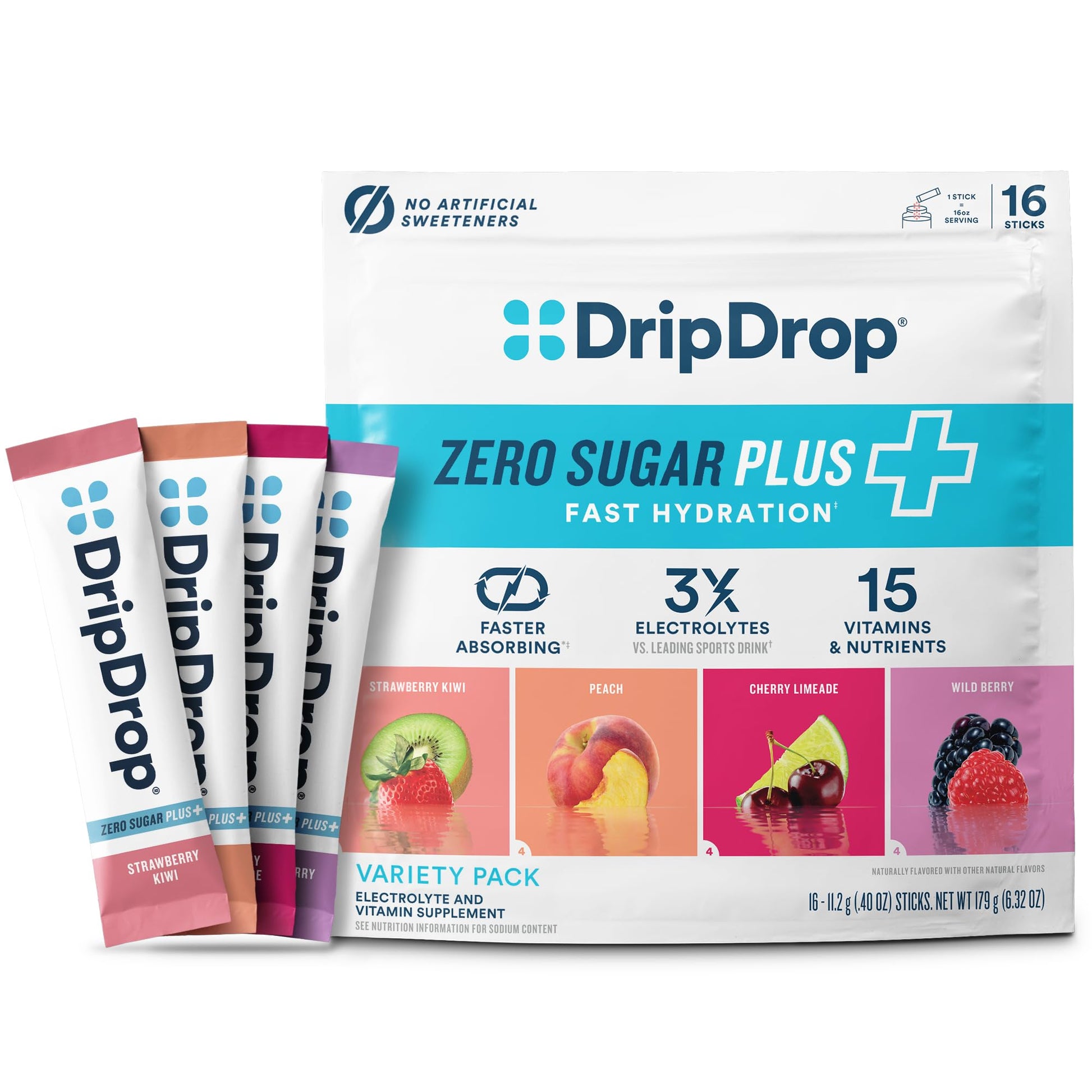 DripDrop Zero Sugar Plus - Sugar Free Hydration Packets - Single Serve Electrolytes Powder Drink Mix - Strawberry Kiwi, Peach, Cherry Limeade, Wild Berry - Maple Wellness Supplements