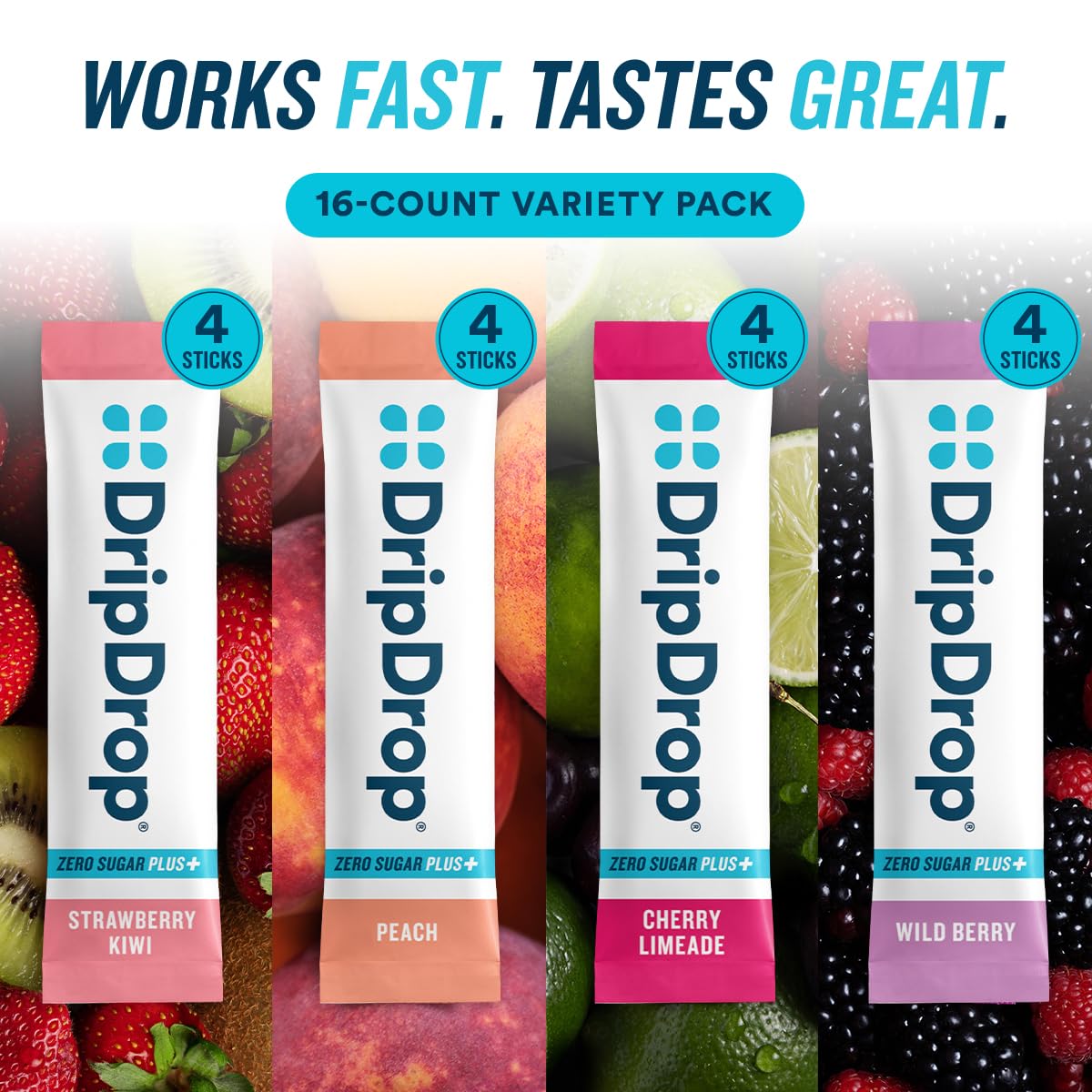 DripDrop Zero Sugar Plus - Sugar Free Hydration Packets - Single Serve Electrolytes Powder Drink Mix - Strawberry Kiwi, Peach, Cherry Limeade, Wild Berry - Maple Wellness Supplements
