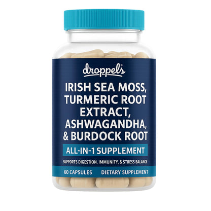 Droppels Irish Sea Moss Capsules with Turmeric Root, Ashwagandha, Black Pepper & Burdock Root – Natural Mineral Blend for Immune, Digestion, Joint & Energy Support – Vegan, Non-GMO – 60 Capsules - Maple Wellness Supplements