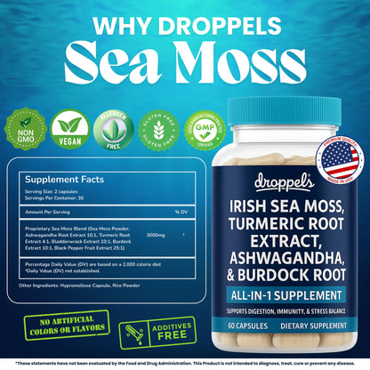 Droppels Irish Sea Moss Capsules with Turmeric Root, Ashwagandha, Black Pepper & Burdock Root – Natural Mineral Blend for Immune, Digestion, Joint & Energy Support – Vegan, Non-GMO – 60 Capsules - Maple Wellness Supplements