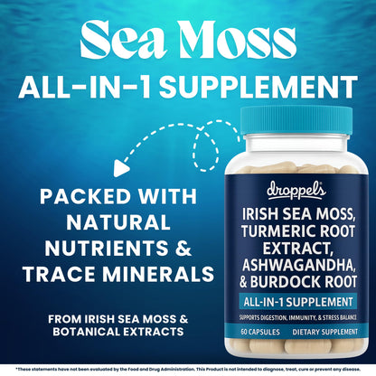 Droppels Irish Sea Moss Capsules with Turmeric Root, Ashwagandha, Black Pepper & Burdock Root – Natural Mineral Blend for Immune, Digestion, Joint & Energy Support – Vegan, Non-GMO – 60 Capsules - Maple Wellness Supplements