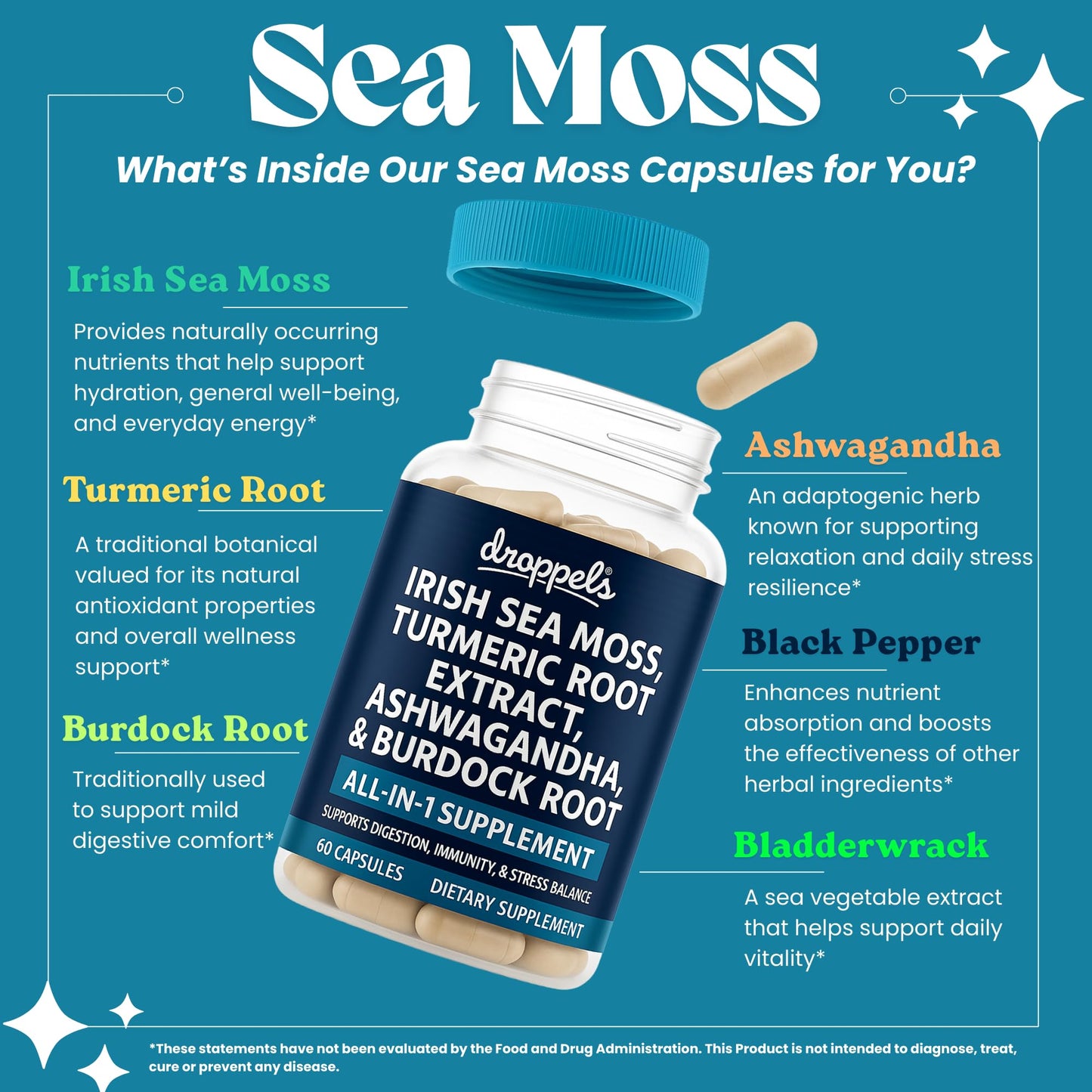 Droppels Irish Sea Moss Capsules with Turmeric Root, Ashwagandha, Black Pepper & Burdock Root – Natural Mineral Blend for Immune, Digestion, Joint & Energy Support – Vegan, Non-GMO – 60 Capsules - Maple Wellness Supplements