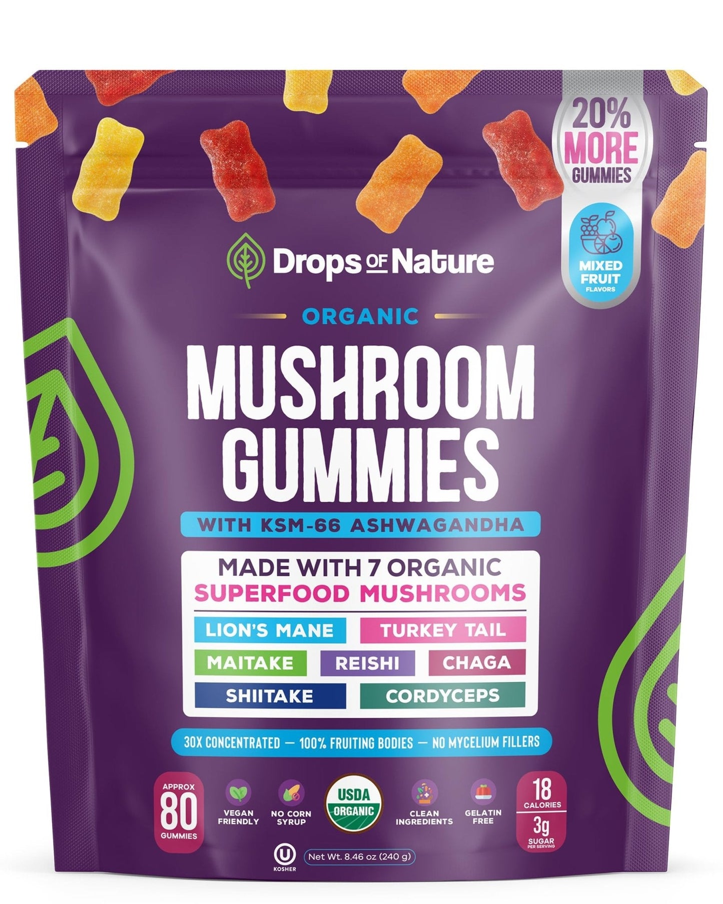 Drops Of Nature Lions Mane & Ashwagandha Gummies – Turkey Tail, Maitake, Reishi, Chaga, Shiitake, Cordyceps – Organic, Low Carb Superfood Gummies - Maple Wellness Supplements