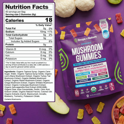Drops Of Nature Lions Mane & Ashwagandha Gummies – Turkey Tail, Maitake, Reishi, Chaga, Shiitake, Cordyceps – Organic, Low Carb Superfood Gummies - Maple Wellness Supplements