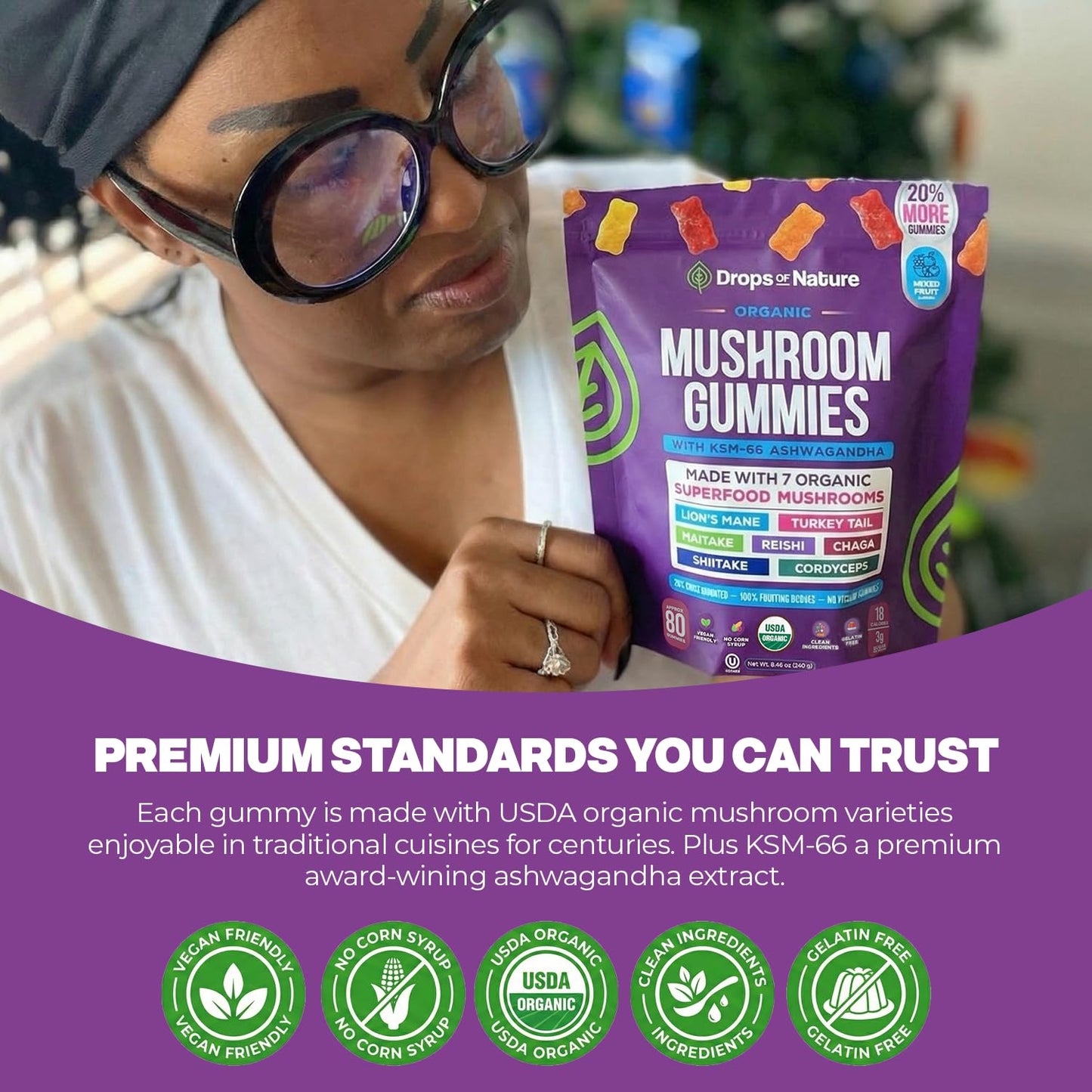 Drops Of Nature Lions Mane & Ashwagandha Gummies – Turkey Tail, Maitake, Reishi, Chaga, Shiitake, Cordyceps – Organic, Low Carb Superfood Gummies - Maple Wellness Supplements
