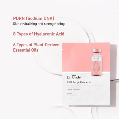 DR.ORACLE PDRN Recipe Clear Mask, Skin-fitting sheet mask PDRN, hyaluronic acid, special self care, moist, rejuvenation, vitalizing, 500ppm, 180ml (6,1 fl. oz.), 1 box - 10 sheets - Maple Wellness Supplements