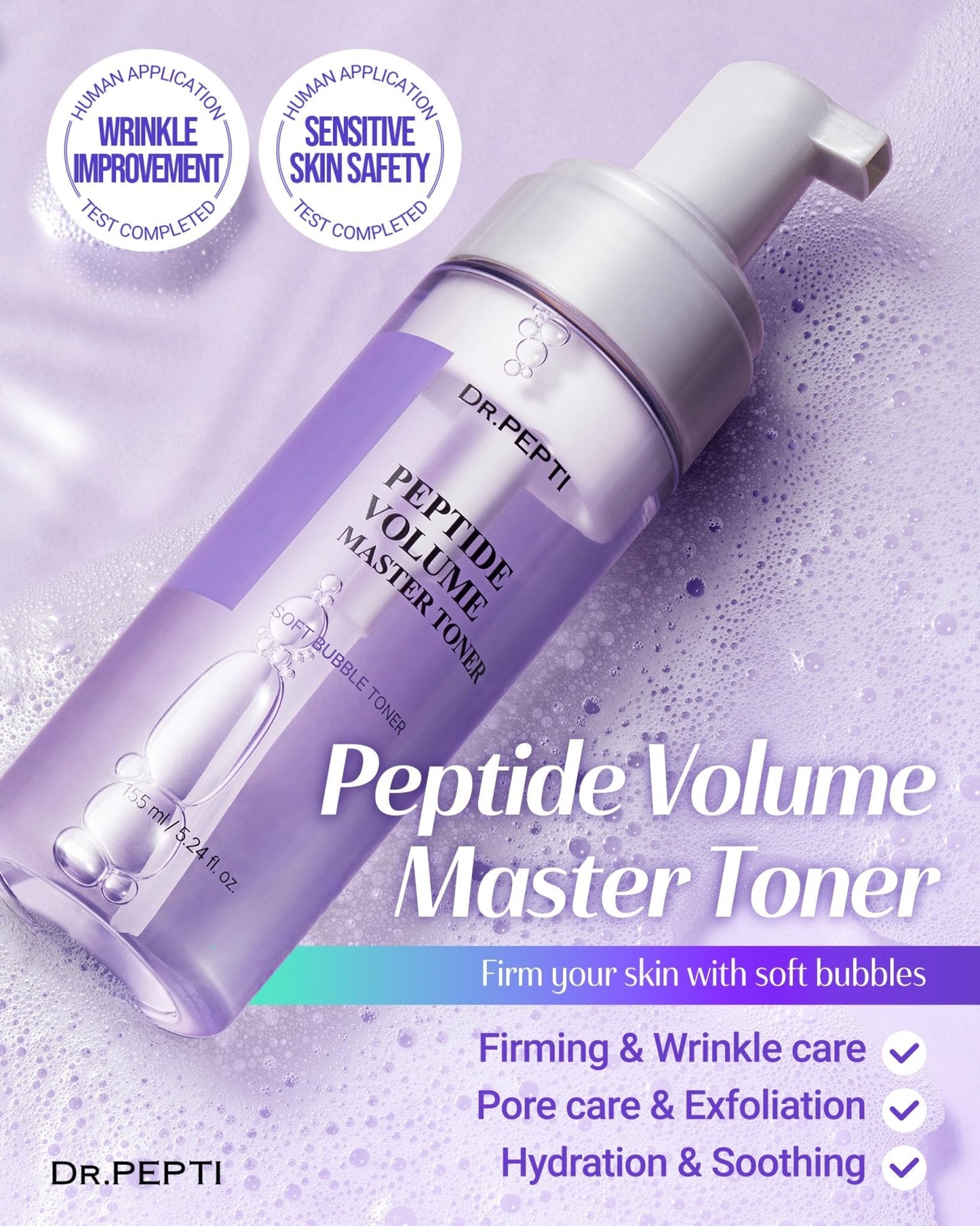 DR.PEPTI Peptide Volume Toner – 12 Peptides, Volufiline™ & 54% Centella Base – No-Drip Bubble Treatment Toner, Firming & Plumping with 8-Type Hyaluronic Acid & Collagen, 5.24 fl oz - Maple Wellness Supplements