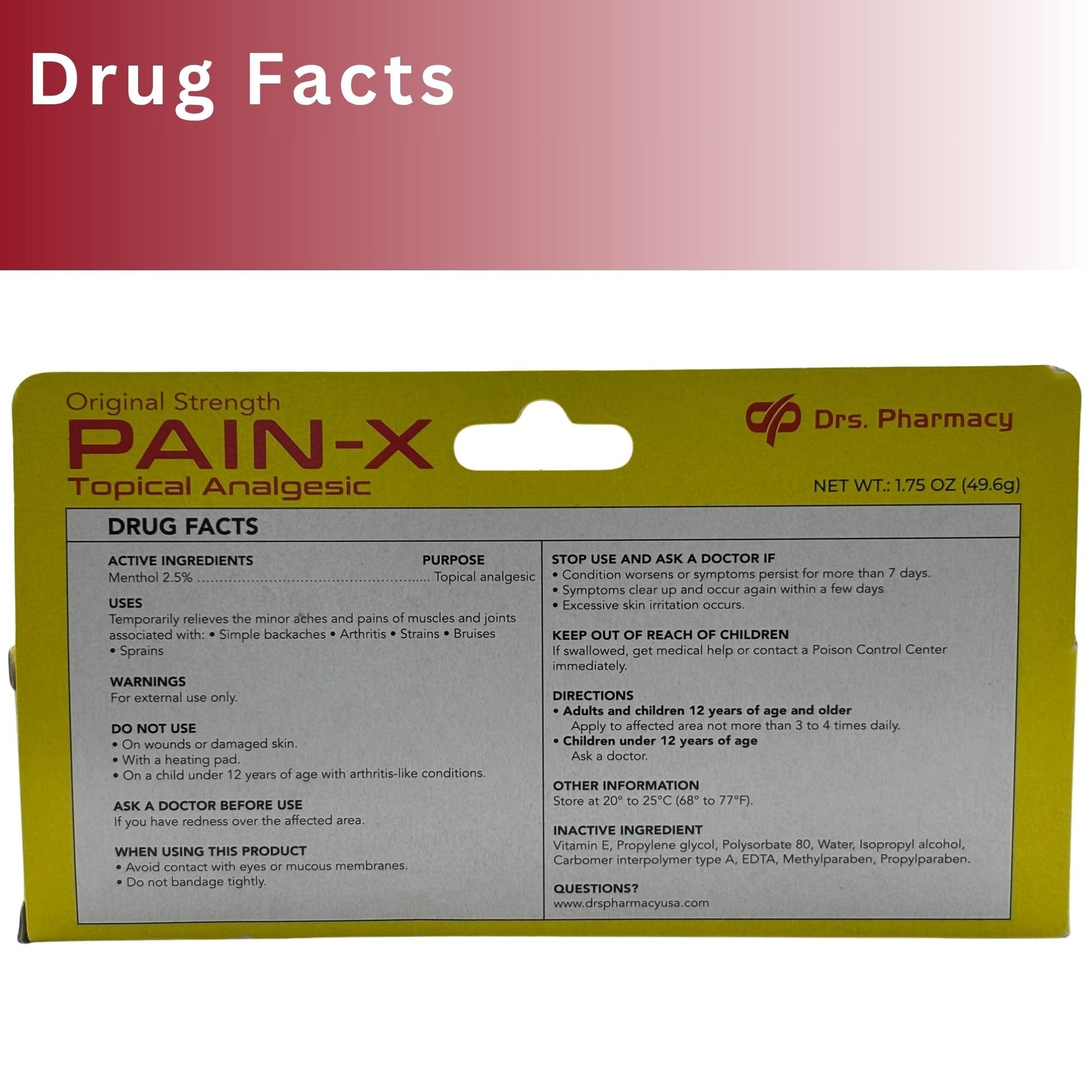 Drs. Pharmacy Pain-X Menthol Cream – Targeted Muscle & Joint Relief – 1.75 oz, Made in USA - Maple Wellness Supplements