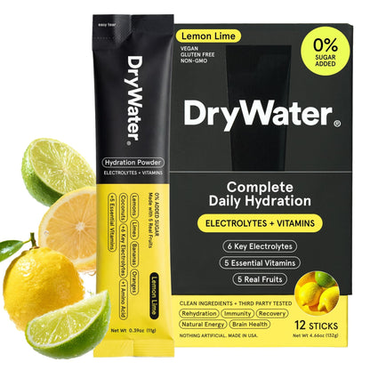DryWater Electrolyte Powder Packets, Lemon Lime - Hydration Packets Drink Mix with Zero Added Sugar for Rehydration & Energy - 6 Key Electrolytes - Maple Wellness Supplements