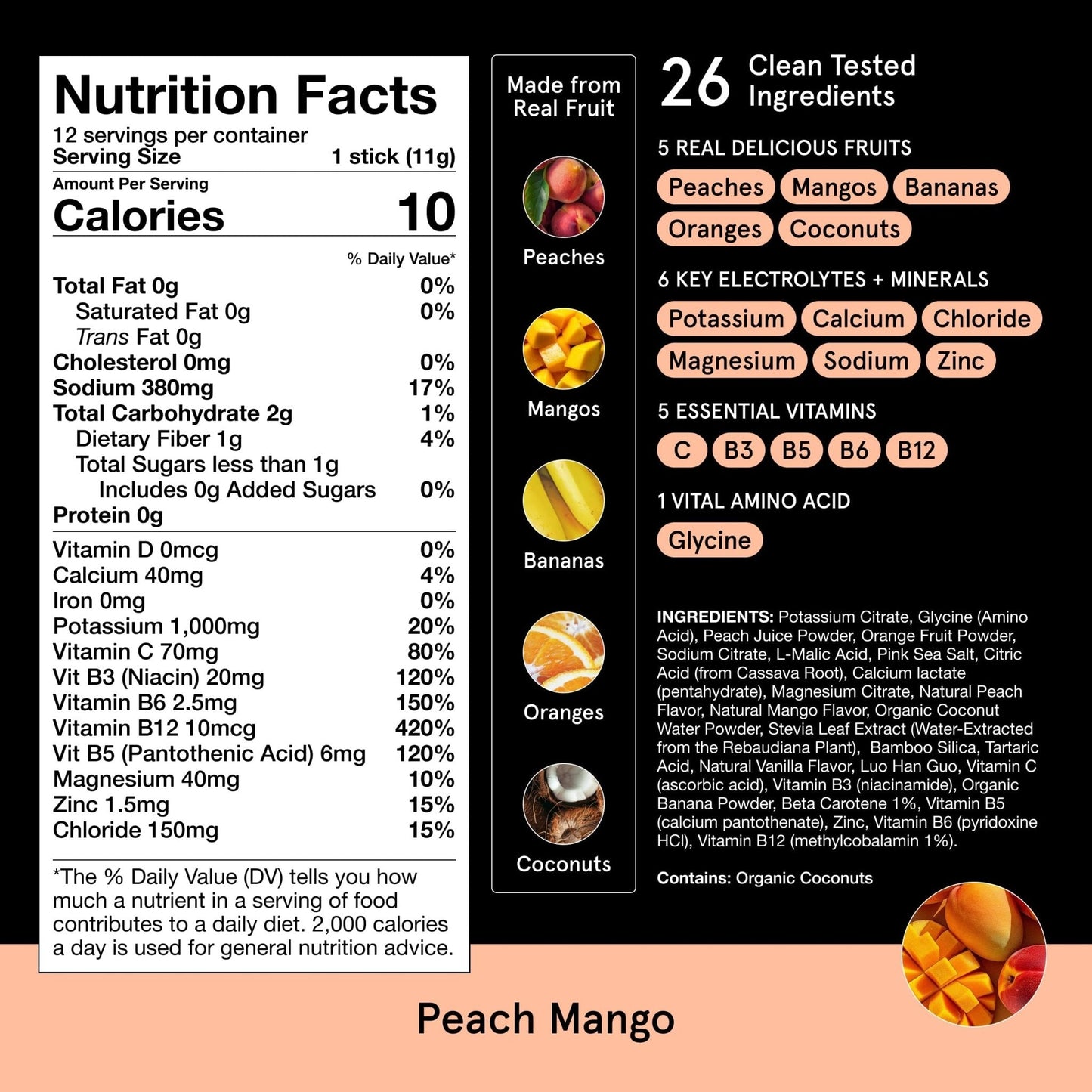 DryWater Electrolyte Powder Packets, Peach Mango - Hydration Packets Drink Mix with Zero Added Sugar for Rehydration & Energy - 6 Key Electrolytes - Maple Wellness Supplements
