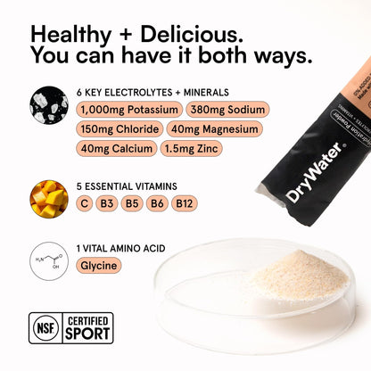 DryWater Electrolyte Powder Packets, Peach Mango - Hydration Packets Drink Mix with Zero Added Sugar for Rehydration & Energy - 6 Key Electrolytes - Maple Wellness Supplements