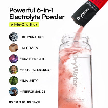 DryWater Electrolyte Powder Packets, Raspberry Lemon - Stevia-Free Hydration Packets Drink Mix with Zero Added Sugar for Rehydration & Energy - 6 Key Electrolytes - Maple Wellness Supplements