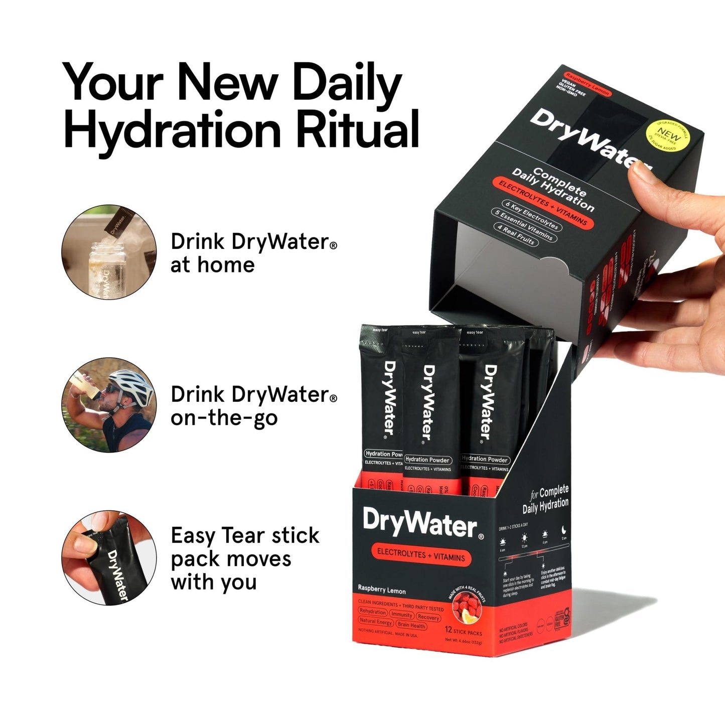 DryWater Electrolyte Powder Packets, Raspberry Lemon - Stevia-Free Hydration Packets Drink Mix with Zero Added Sugar for Rehydration & Energy - 6 Key Electrolytes - Maple Wellness Supplements