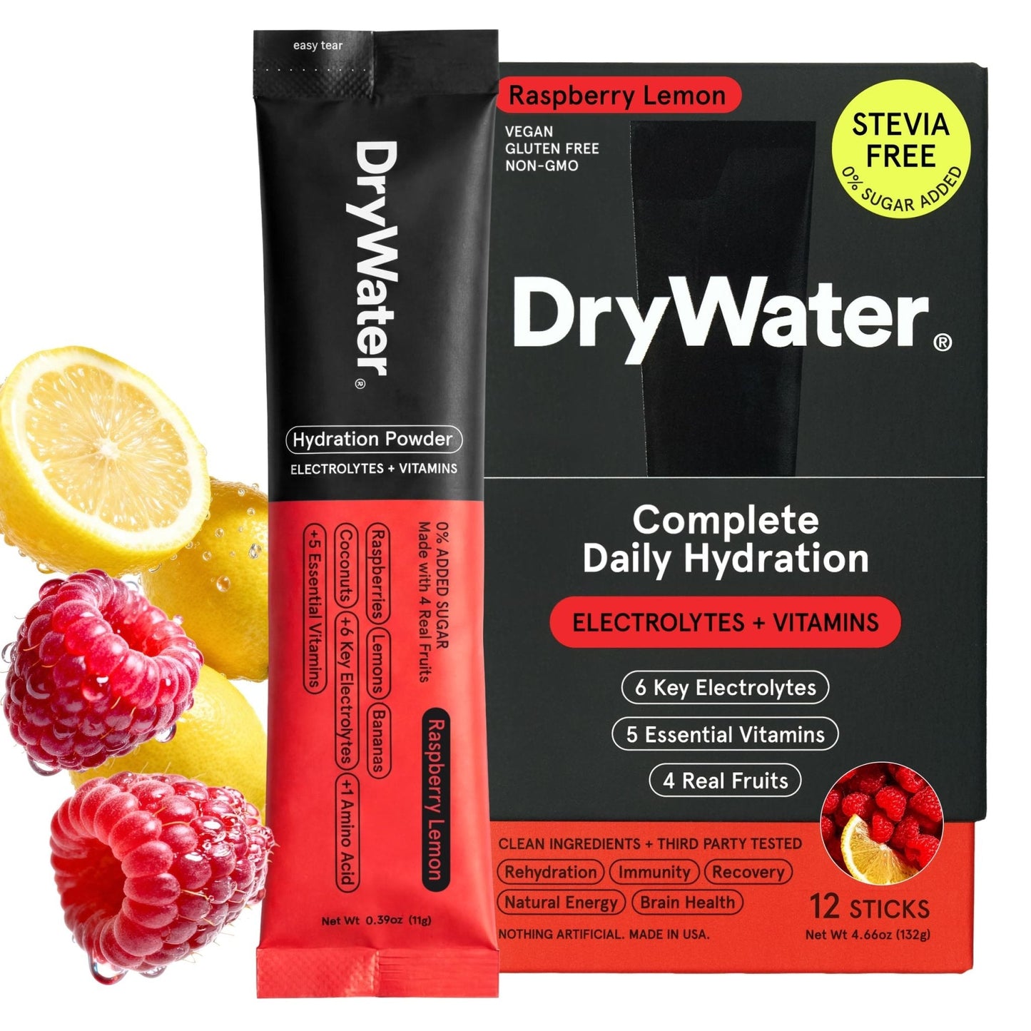 DryWater Electrolyte Powder Packets, Raspberry Lemon - Stevia-Free Hydration Packets Drink Mix with Zero Added Sugar for Rehydration & Energy - 6 Key Electrolytes - Maple Wellness Supplements