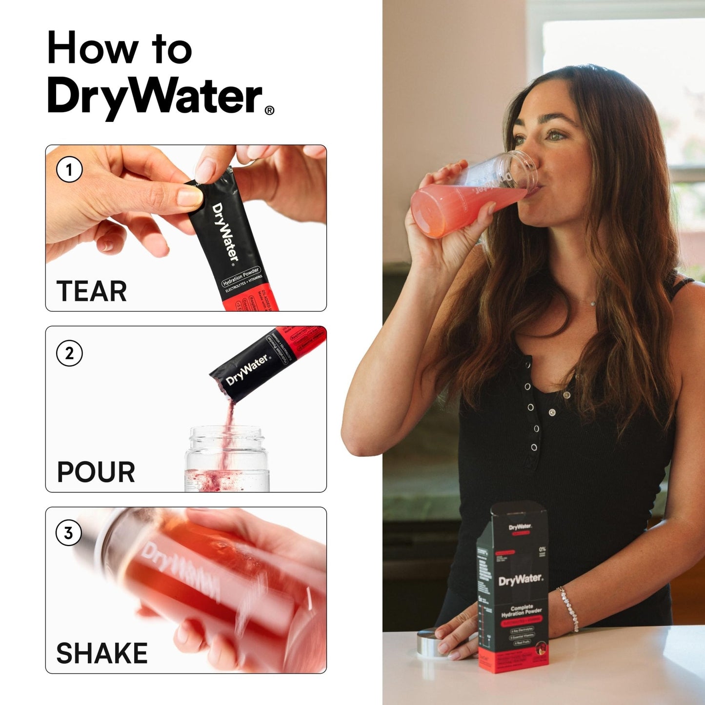 DryWater Electrolyte Powder Packets, Raspberry Lemon - Stevia-Free Hydration Packets Drink Mix with Zero Added Sugar for Rehydration & Energy - 6 Key Electrolytes - Maple Wellness Supplements