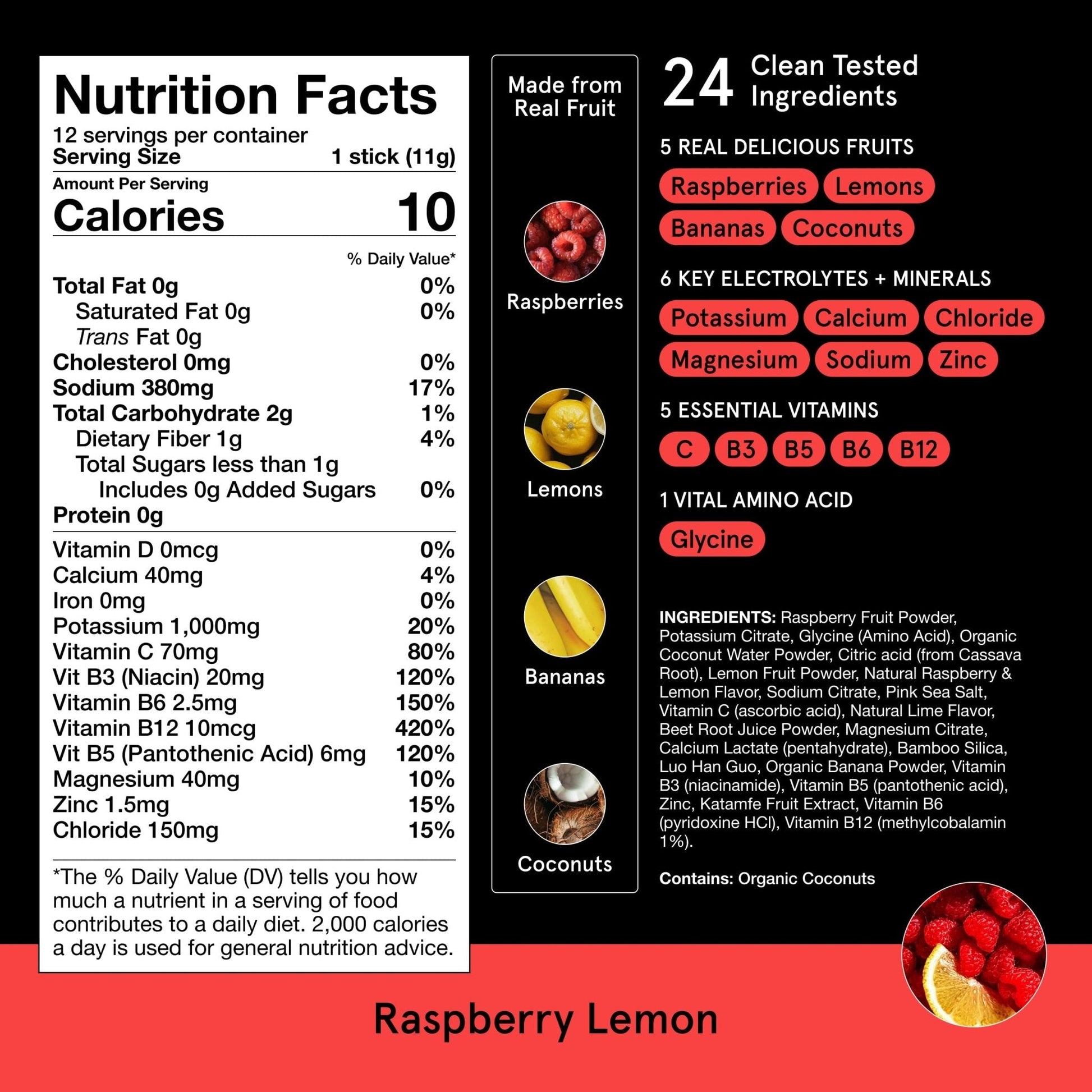 DryWater Electrolyte Powder Packets, Raspberry Lemon - Stevia-Free Hydration Packets Drink Mix with Zero Added Sugar for Rehydration & Energy - 6 Key Electrolytes - Maple Wellness Supplements