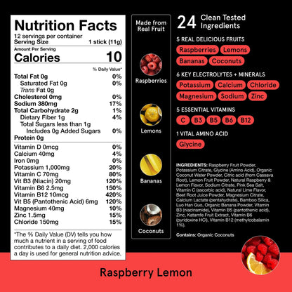 DryWater Electrolyte Powder Packets, Raspberry Lemon - Stevia-Free Hydration Packets Drink Mix with Zero Added Sugar for Rehydration & Energy - 6 Key Electrolytes - Maple Wellness Supplements