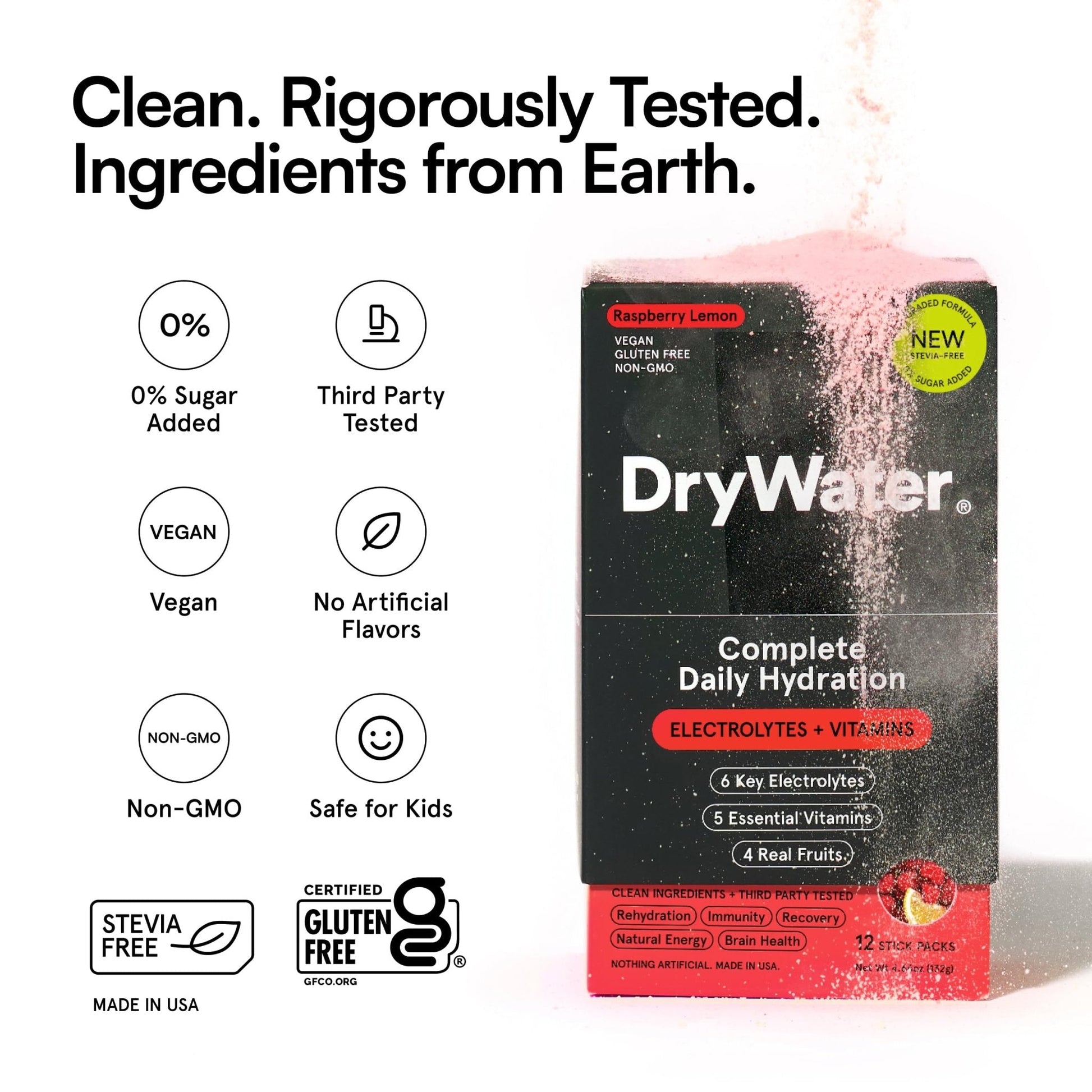 DryWater Electrolyte Powder Packets, Raspberry Lemon - Stevia-Free Hydration Packets Drink Mix with Zero Added Sugar for Rehydration & Energy - 6 Key Electrolytes - Maple Wellness Supplements