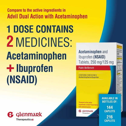 Dual Action Acetaminophen 250mg and Ibuprofen 125mg Caplets, Up to 8h of Pain Relief for Minor Aches and Pain, Headaches, Toothache, Backache, Menstrual Cramps, Minor Arthritis Pain, 216 Count - Maple Wellness Supplements