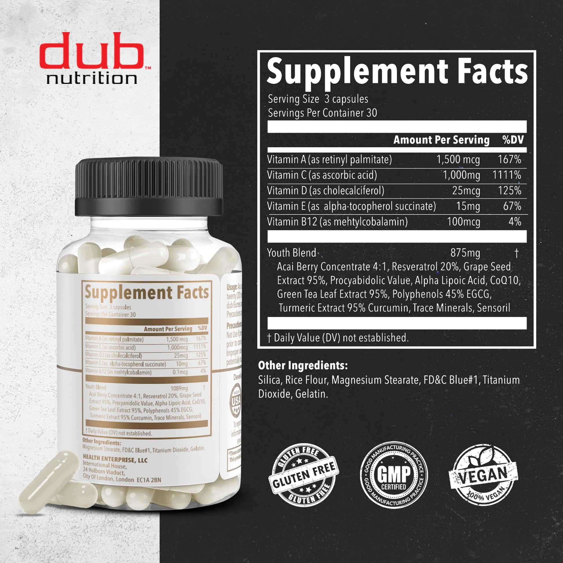 Dub Nutrition Youth - Formula with Acai, Resveratrol, Curcumin, Vitamins A, C, D, E, B12, and CoQ10 - Supports Immunity and Mobility - 90 Capsules - Maple Wellness Supplements