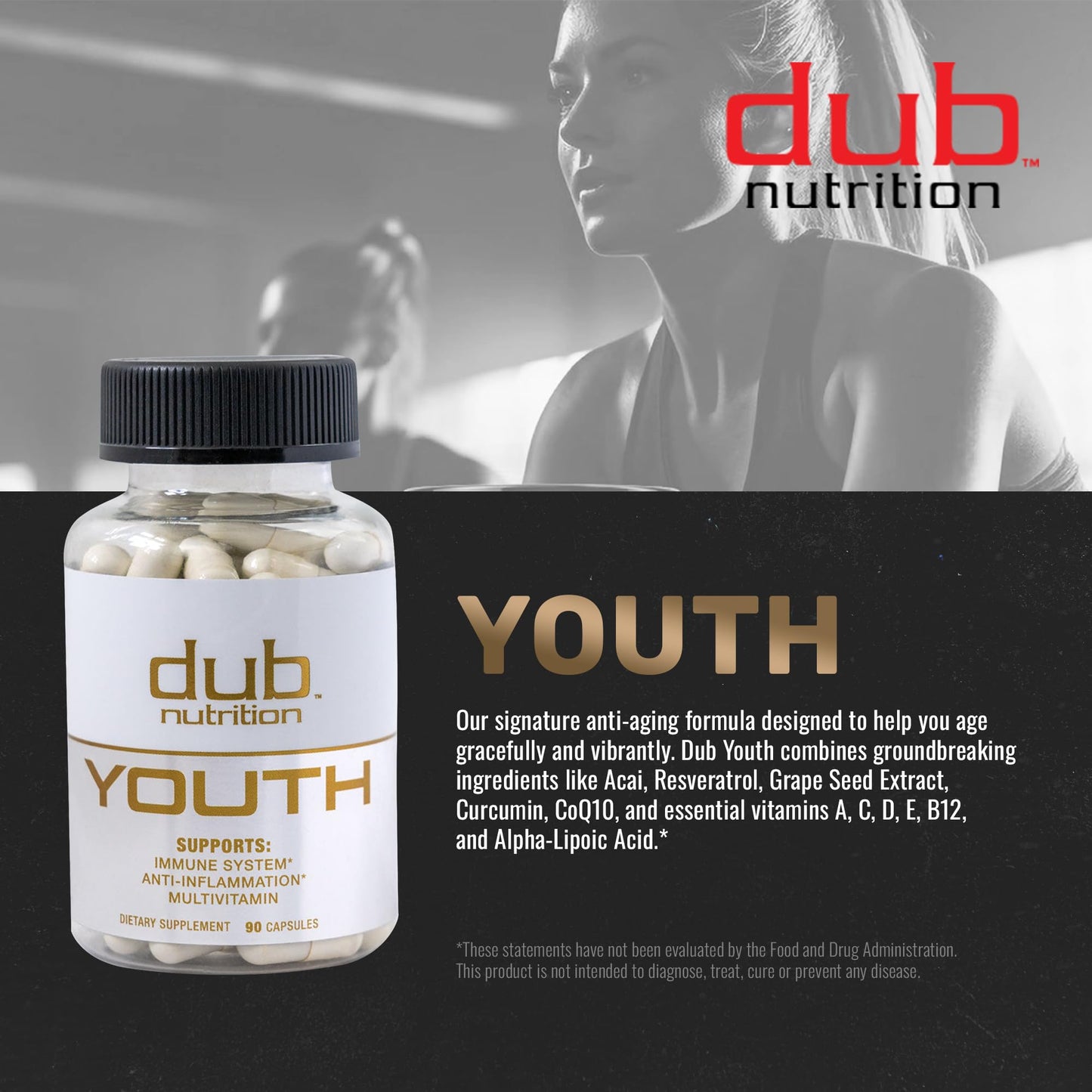 Dub Nutrition Youth - Formula with Acai, Resveratrol, Curcumin, Vitamins A, C, D, E, B12, and CoQ10 - Supports Immunity and Mobility - 90 Capsules - Maple Wellness Supplements