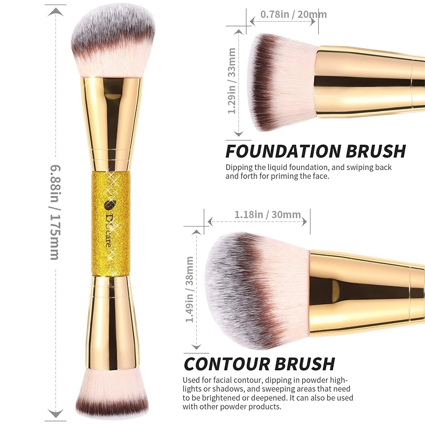 DUcare Dual End Foundation Contour Bronzer Brush, Gold Glitter Handle Double Ended Professional Face Makeup Tool for Liquid Cream Powder - Maple Wellness Supplements