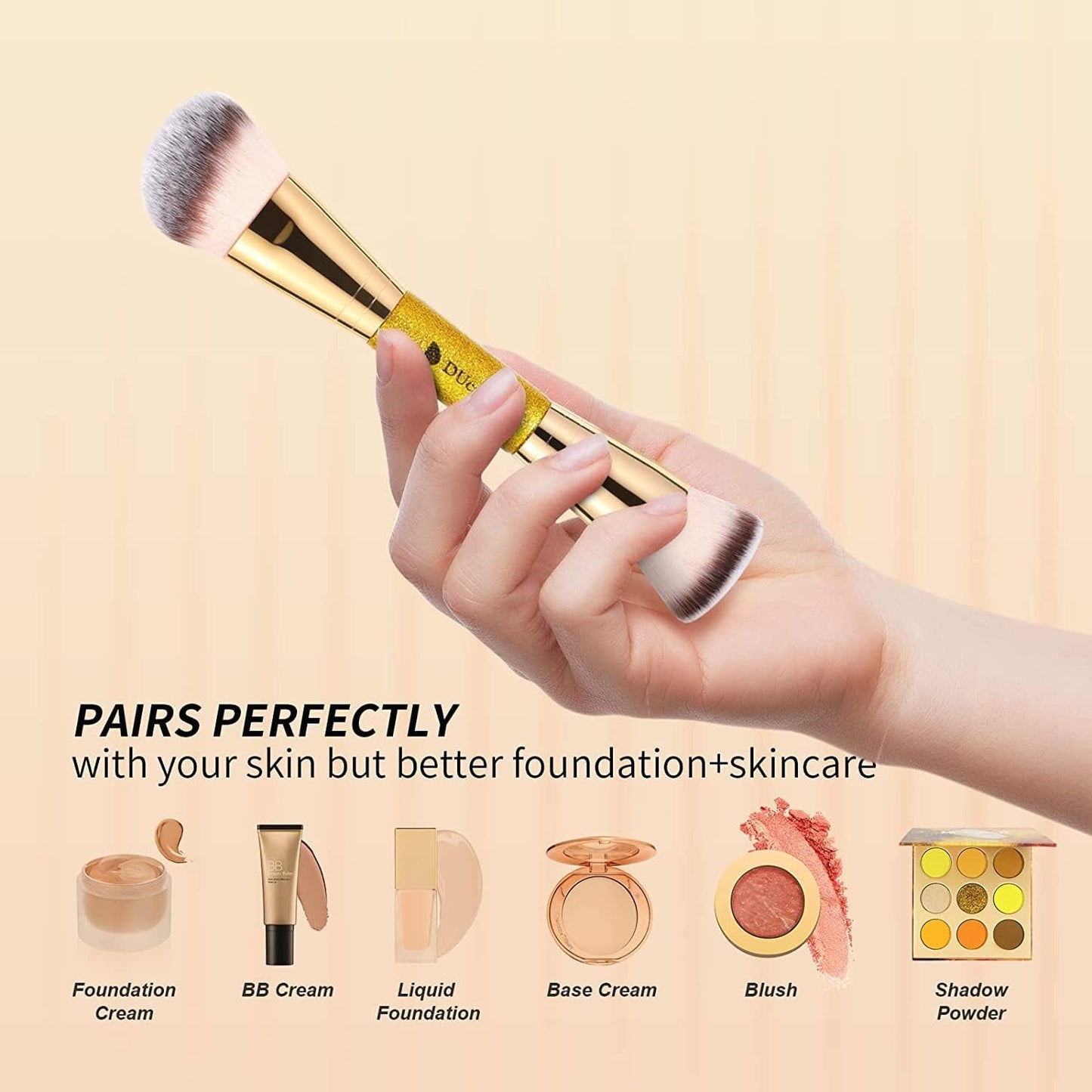DUcare Dual End Foundation Contour Bronzer Brush, Gold Glitter Handle Double Ended Professional Face Makeup Tool for Liquid Cream Powder - Maple Wellness Supplements