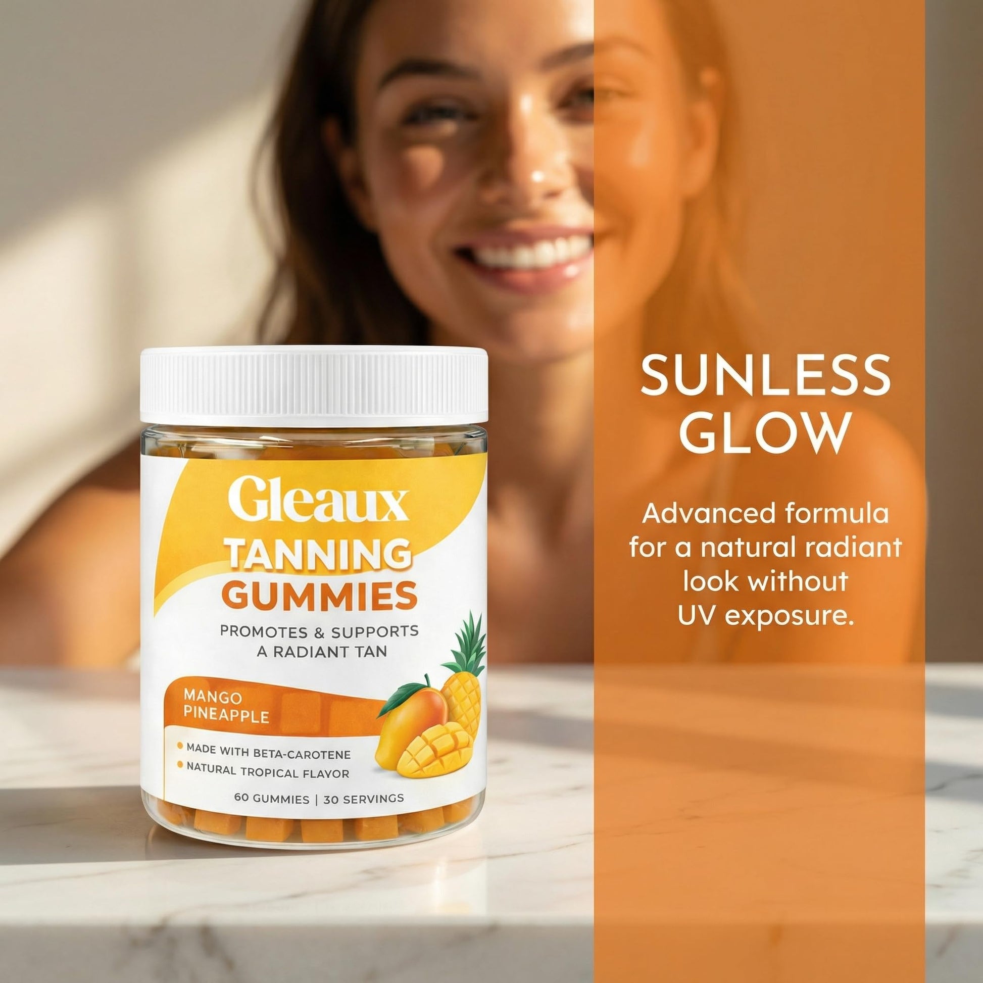 DXWXH Gleaux Tanning Gummies, Tanning Gummies for Women, Sunless Radiance Support with Beta Carotene, Astaxanthin & Lycopene, for Skin Health & Complexion Support, Mango Pineapple Flavor, 60 Gummies - Maple Wellness Supplements