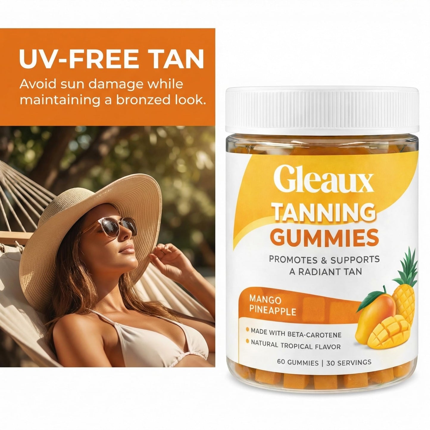 DXWXH Gleaux Tanning Gummies, Tanning Gummies for Women, Sunless Radiance Support with Beta Carotene, Astaxanthin & Lycopene, for Skin Health & Complexion Support, Mango Pineapple Flavor, 60 Gummies - Maple Wellness Supplements