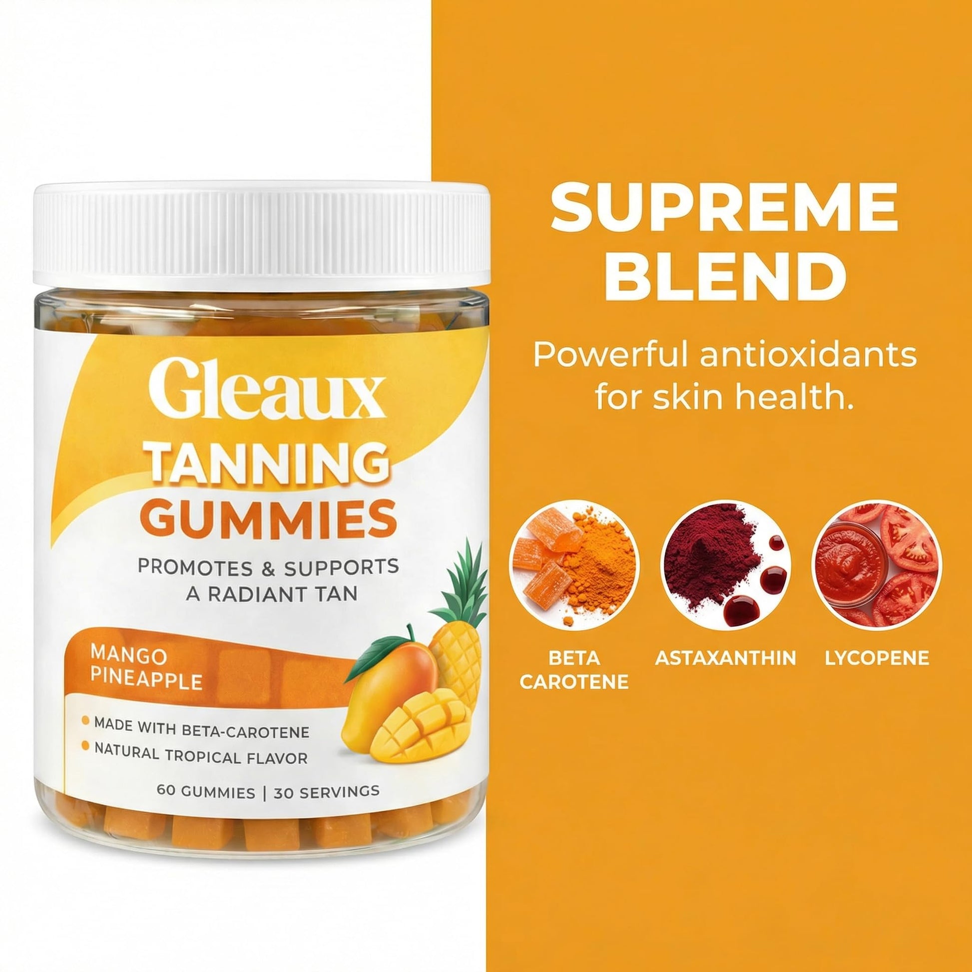 DXWXH Gleaux Tanning Gummies, Tanning Gummies for Women, Sunless Radiance Support with Beta Carotene, Astaxanthin & Lycopene, for Skin Health & Complexion Support, Mango Pineapple Flavor, 60 Gummies - Maple Wellness Supplements