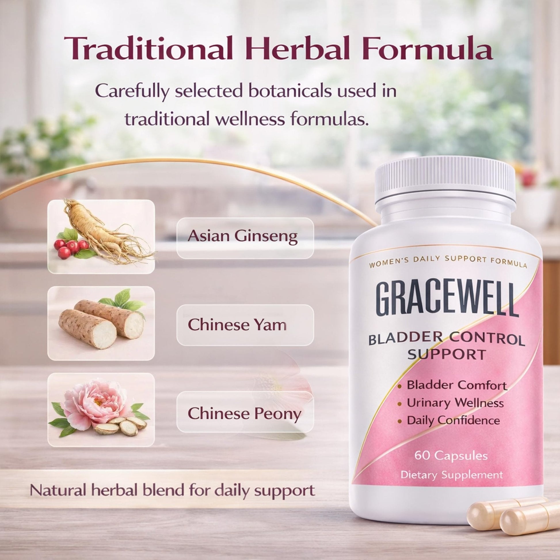 DXWXH Gracewell Bladder Wellness Supplement for Women & Men, Herbal Support with Asian Ginseng, Chinese Yam, Chinese Peony, Urinary Tract Health Formula, 60 Capsules (1) - Maple Wellness Supplements